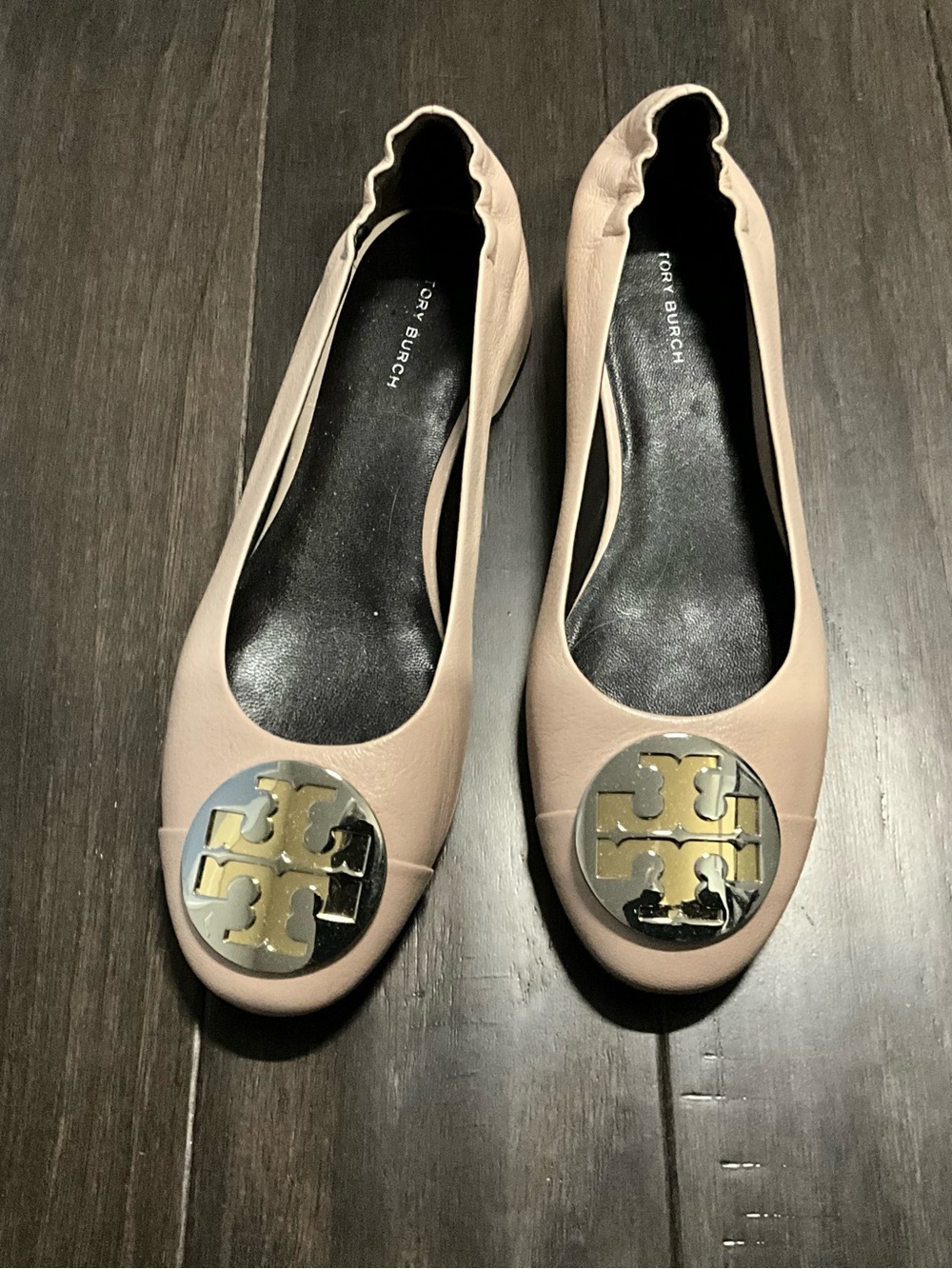 Tory Burch Nude Blush Pink Claire Leather Logo Round-Toe Block Heels Size 9-1/2